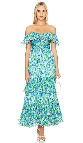 AMUR Pia Pleated Midi Dress in Blue