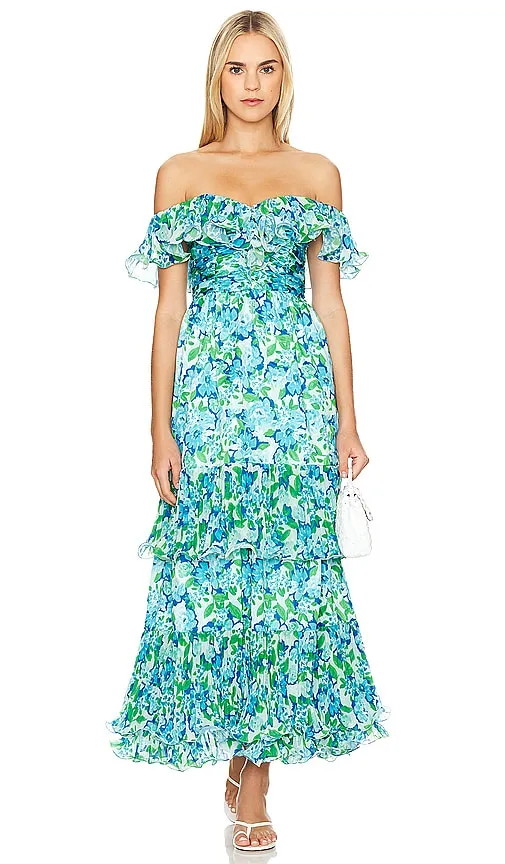 AMUR Pia Pleated Midi Dress in Blue