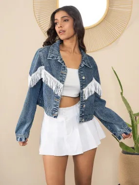 Blue & White Denim Front Fringes Crop Jacket