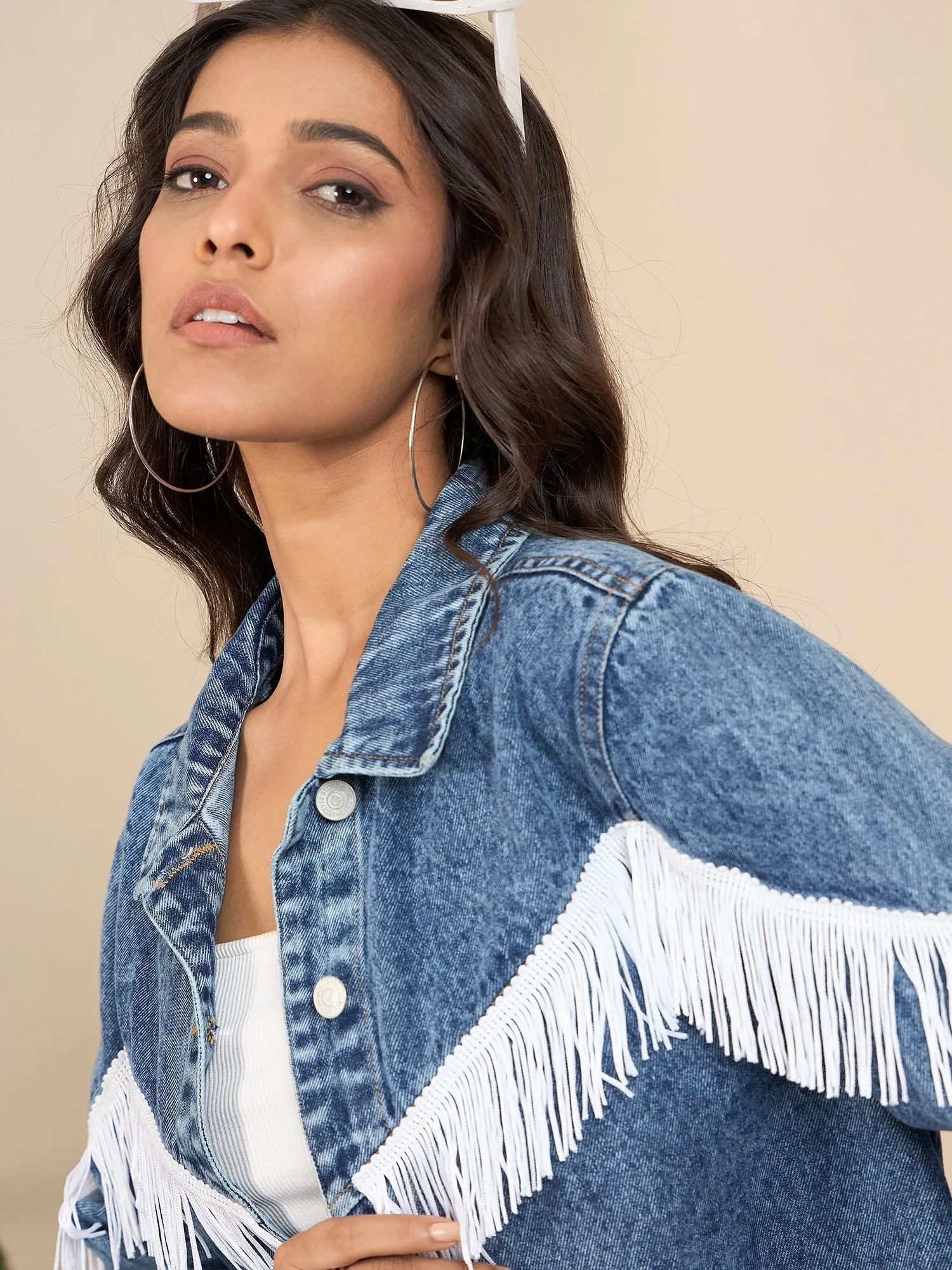 Blue & White Denim Front Fringes Crop Jacket