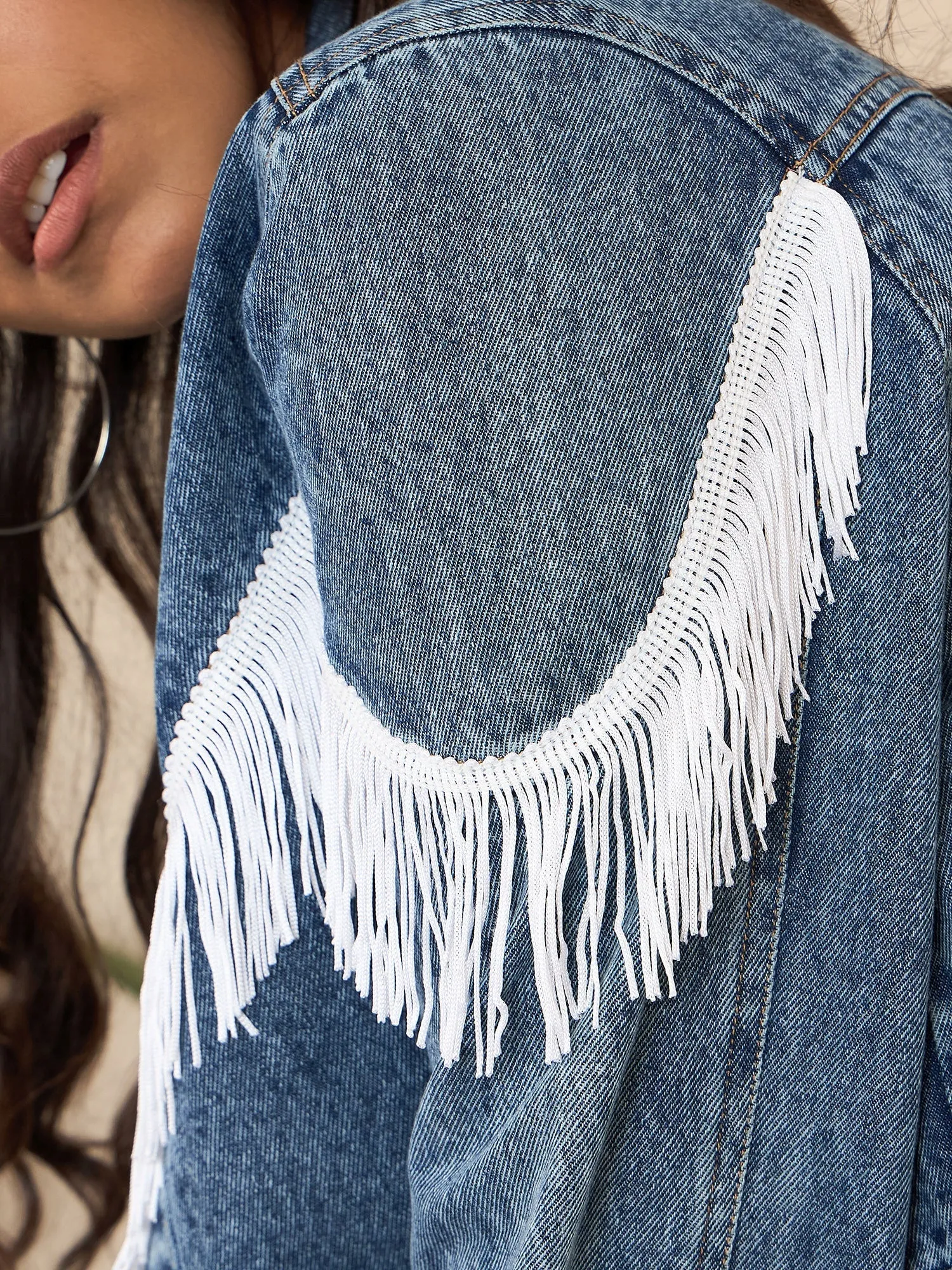 Blue & White Denim Front Fringes Crop Jacket