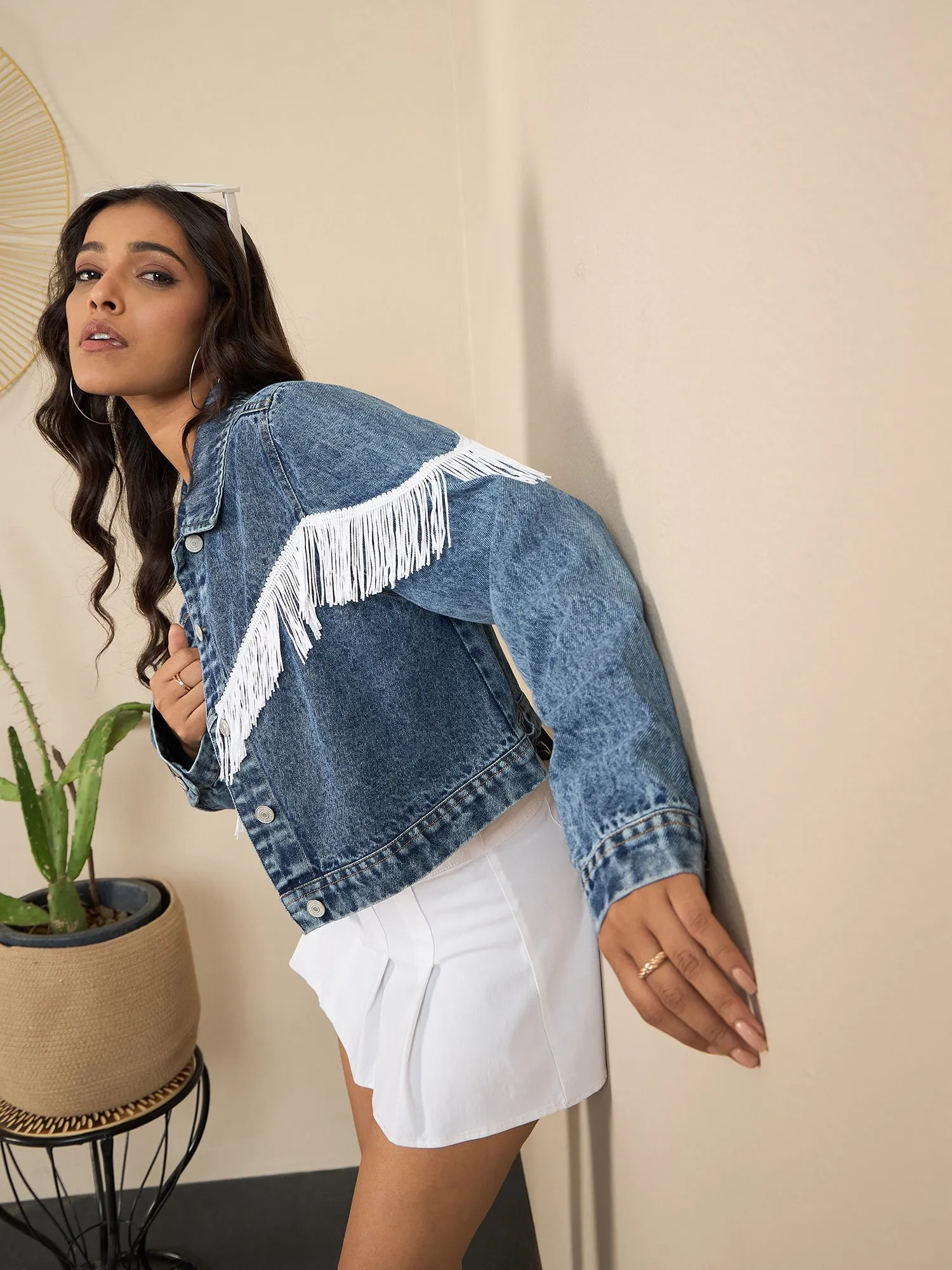 Blue & White Denim Front Fringes Crop Jacket