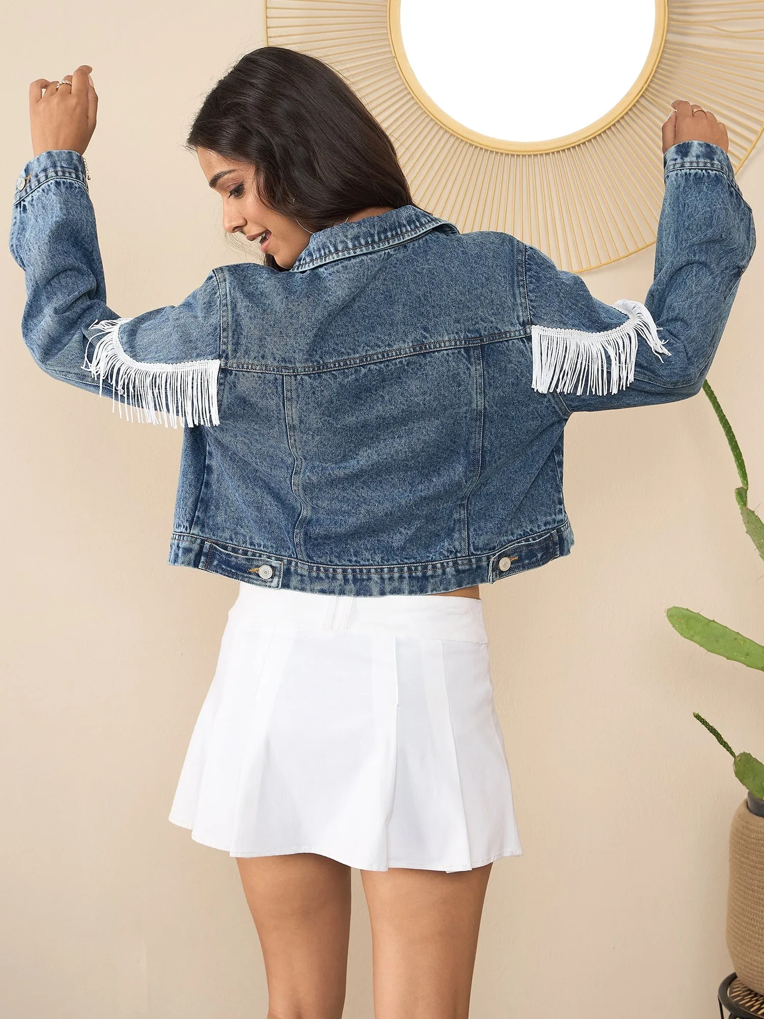 Blue & White Denim Front Fringes Crop Jacket