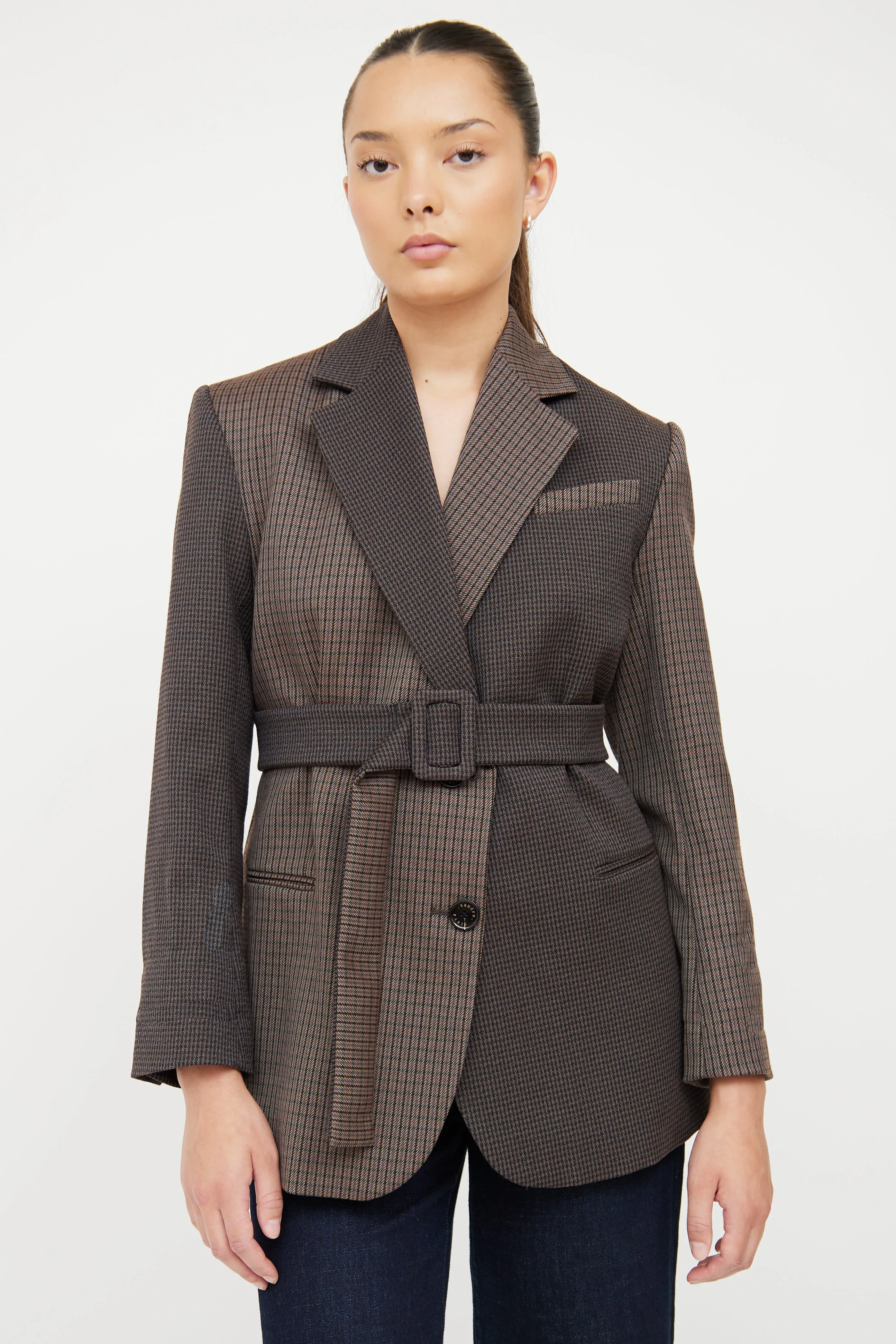 Brown & Multi Check Oversized Belted Blazer