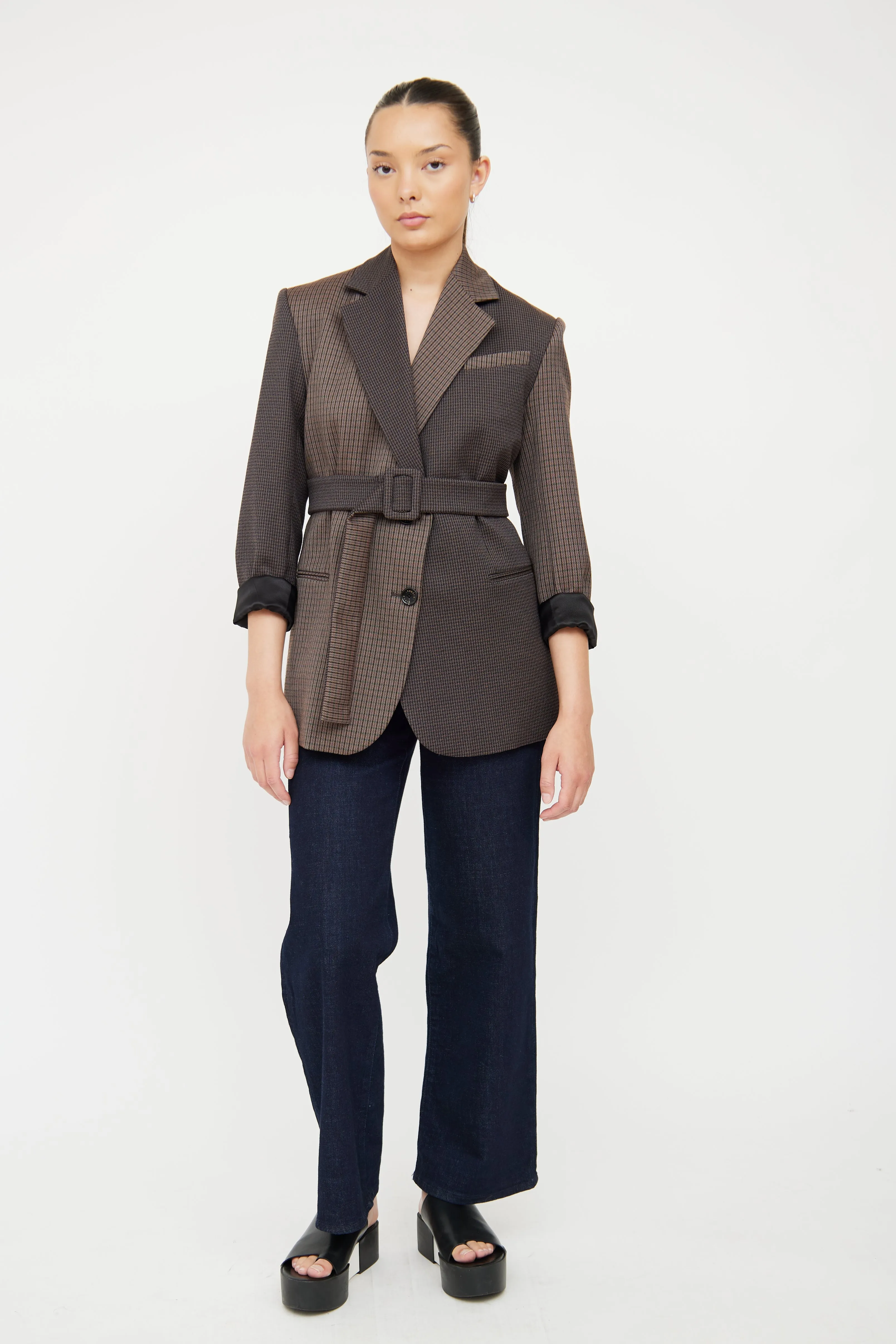Brown & Multi Check Oversized Belted Blazer