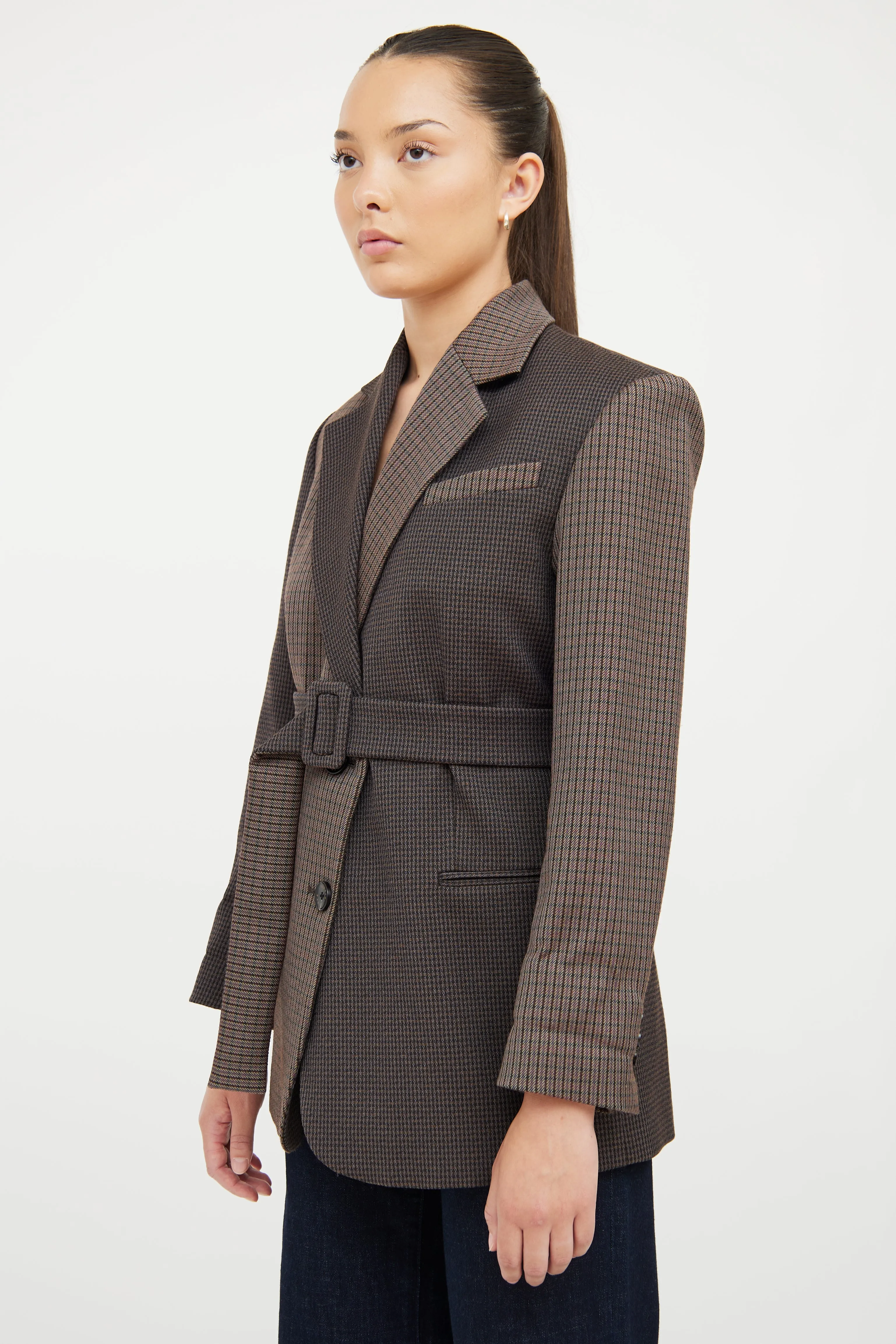 Brown & Multi Check Oversized Belted Blazer