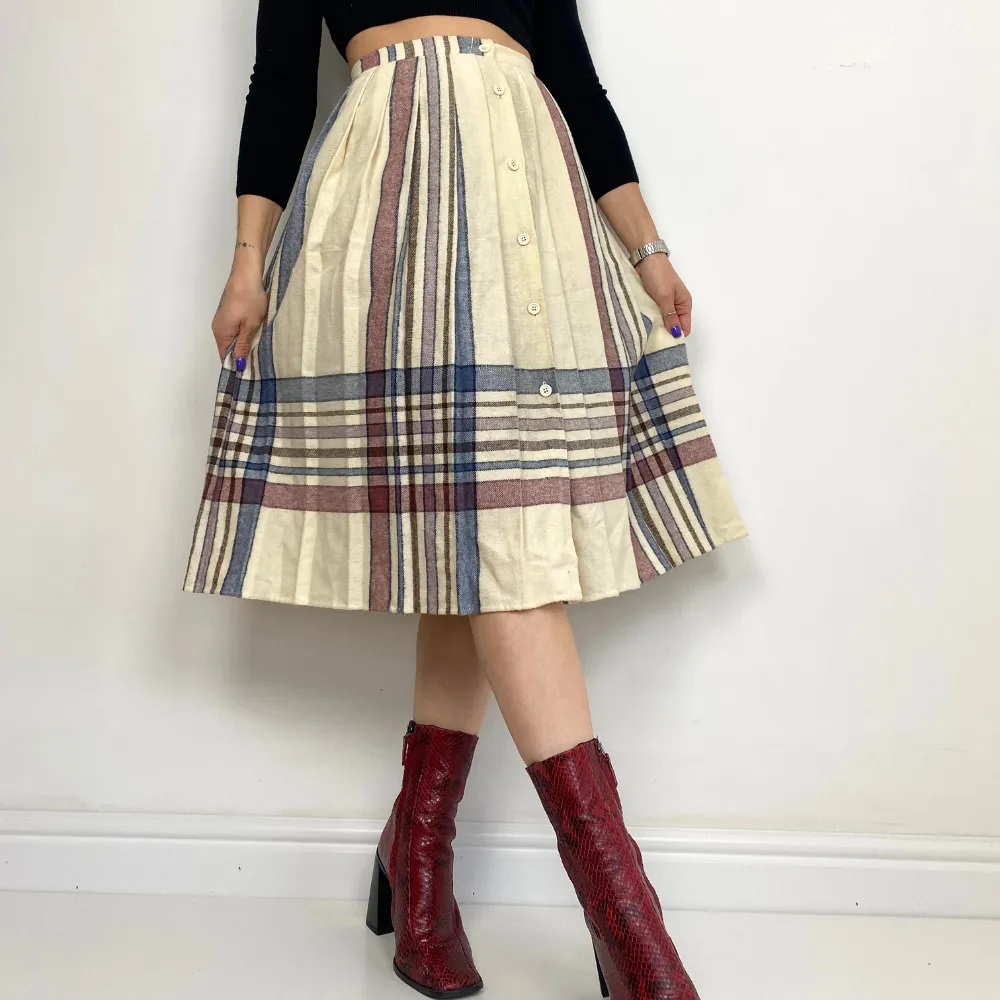 Cream Check Pleated Skirt - XS/S