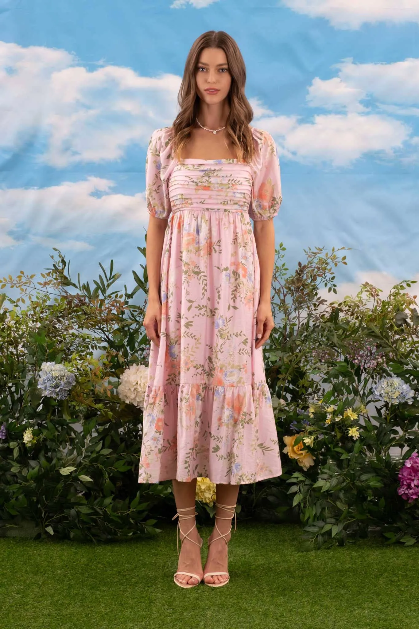 FLORAL BALLOON SLEEVE MIDI DRESS(Multi colors)