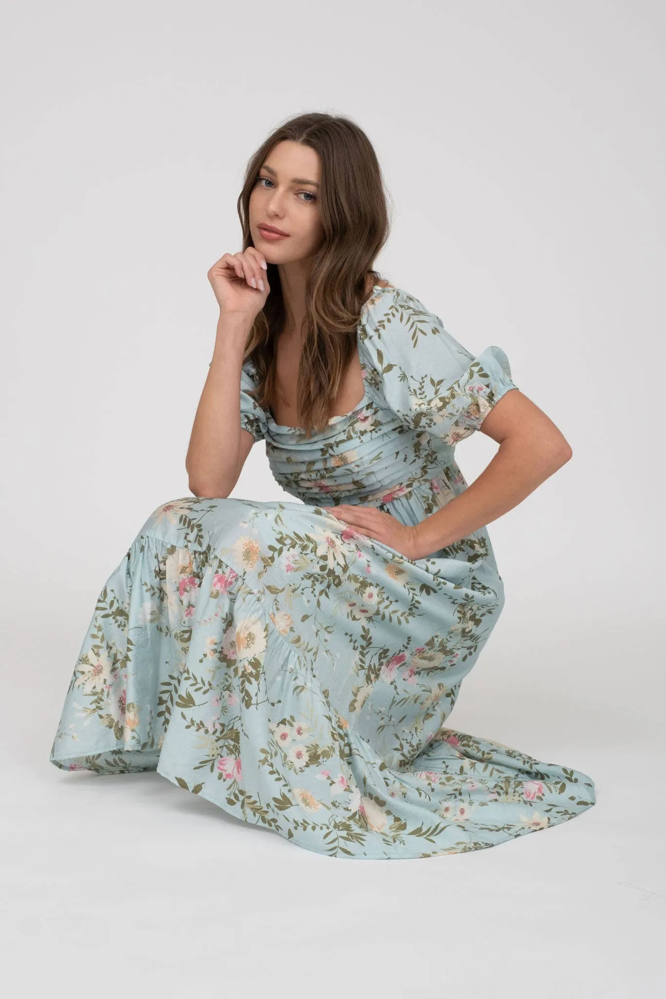 FLORAL BALLOON SLEEVE MIDI DRESS(Multi colors)