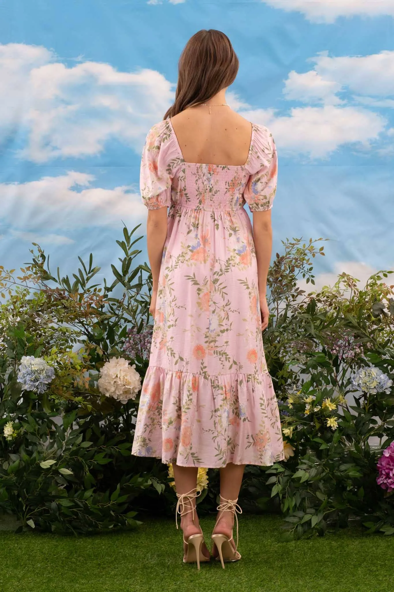 FLORAL BALLOON SLEEVE MIDI DRESS(Multi colors)