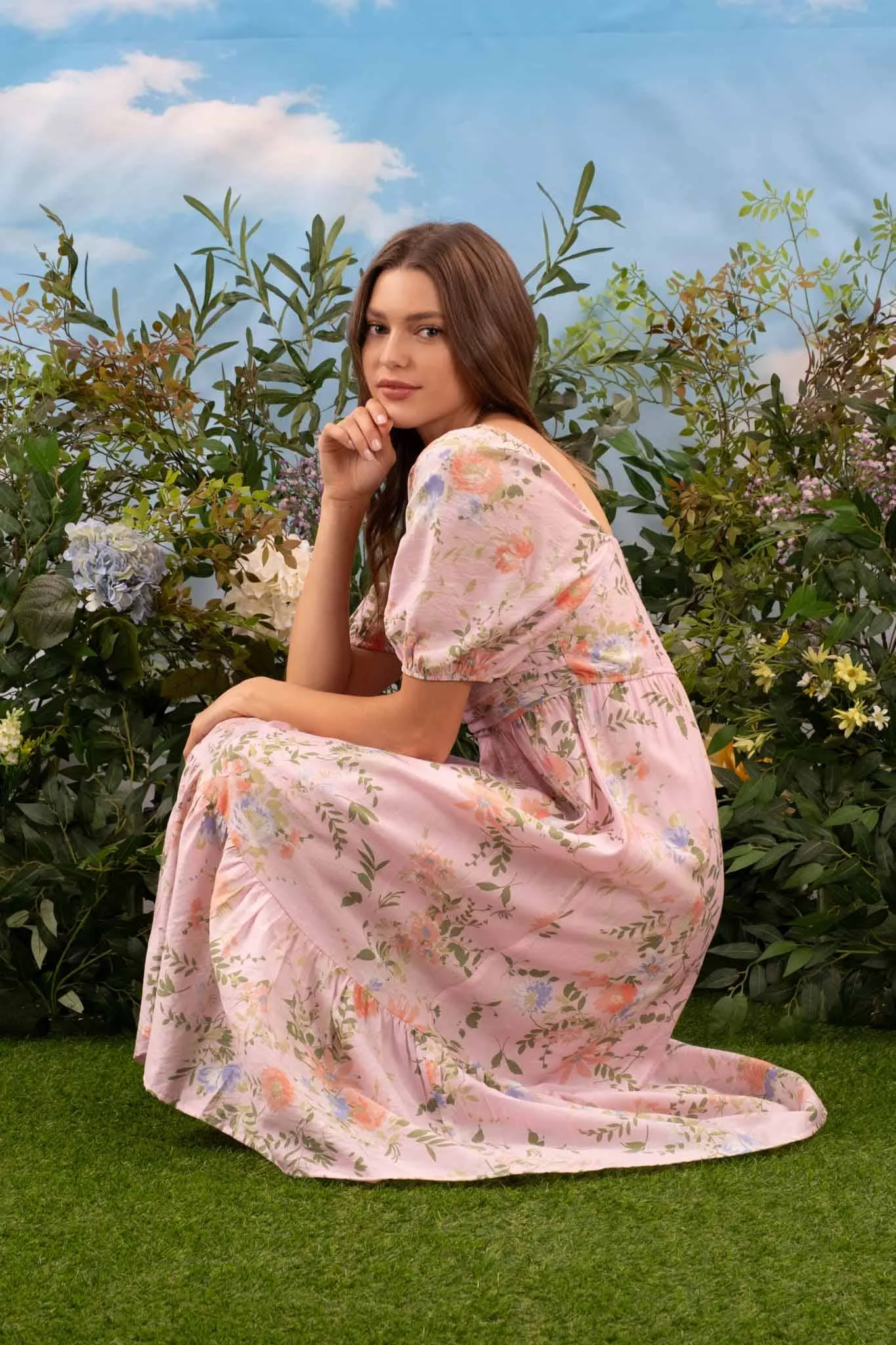 FLORAL BALLOON SLEEVE MIDI DRESS(Multi colors)
