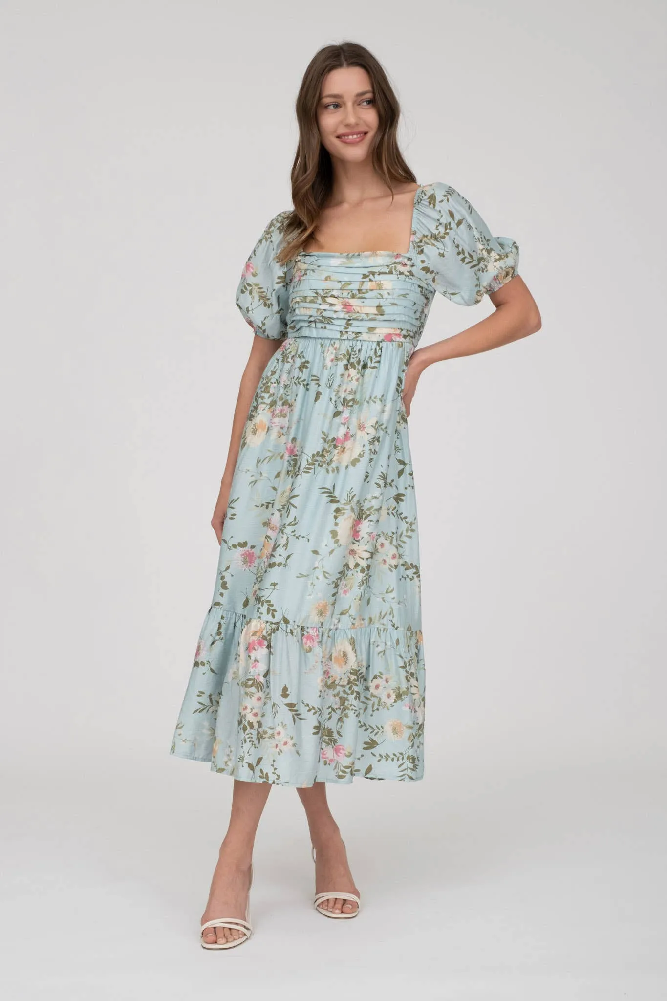 FLORAL BALLOON SLEEVE MIDI DRESS(Multi colors)