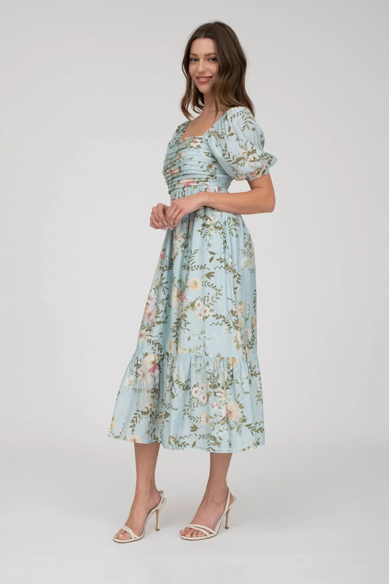 FLORAL BALLOON SLEEVE MIDI DRESS(Multi colors)
