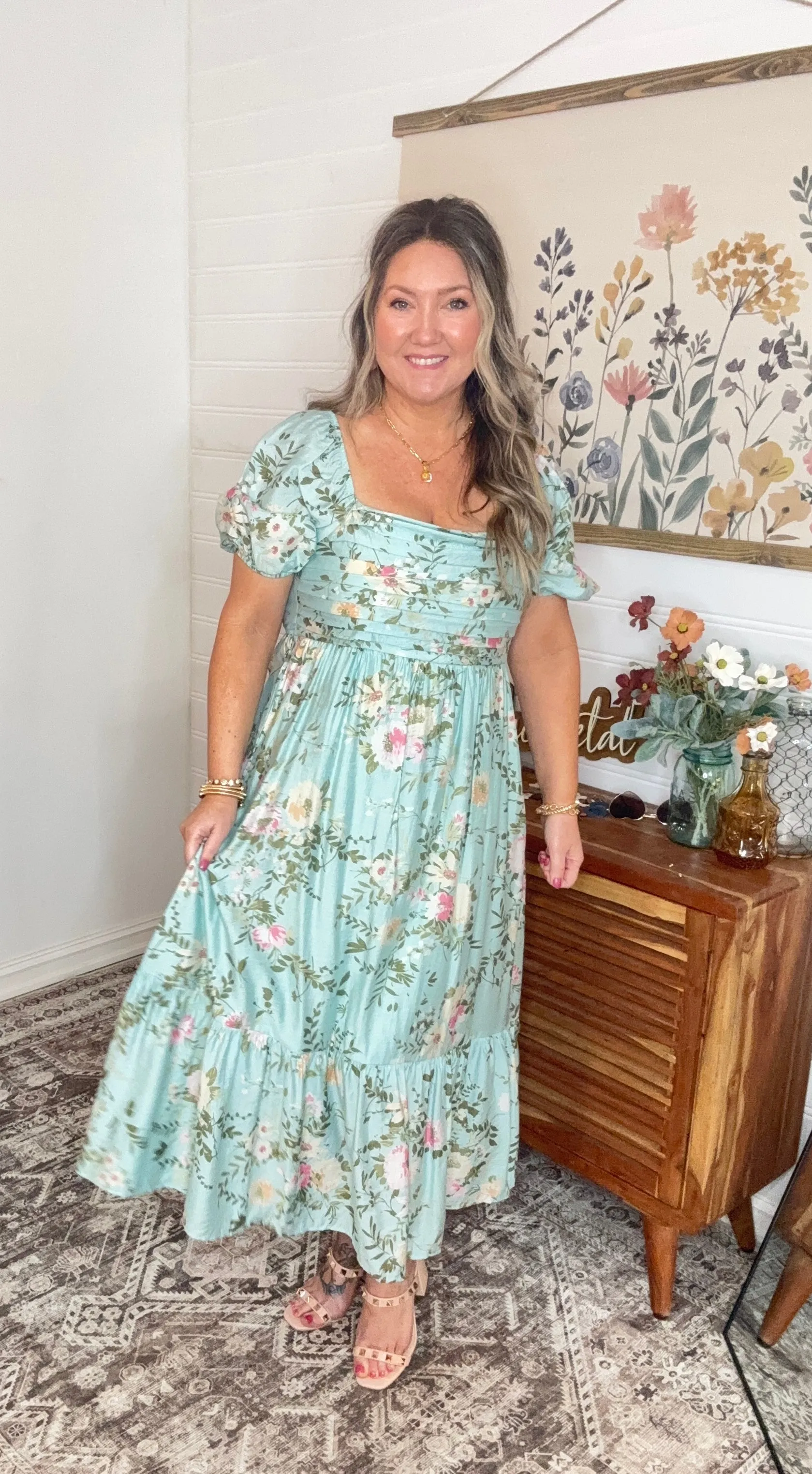 FLORAL BALLOON SLEEVE MIDI DRESS(Multi colors)