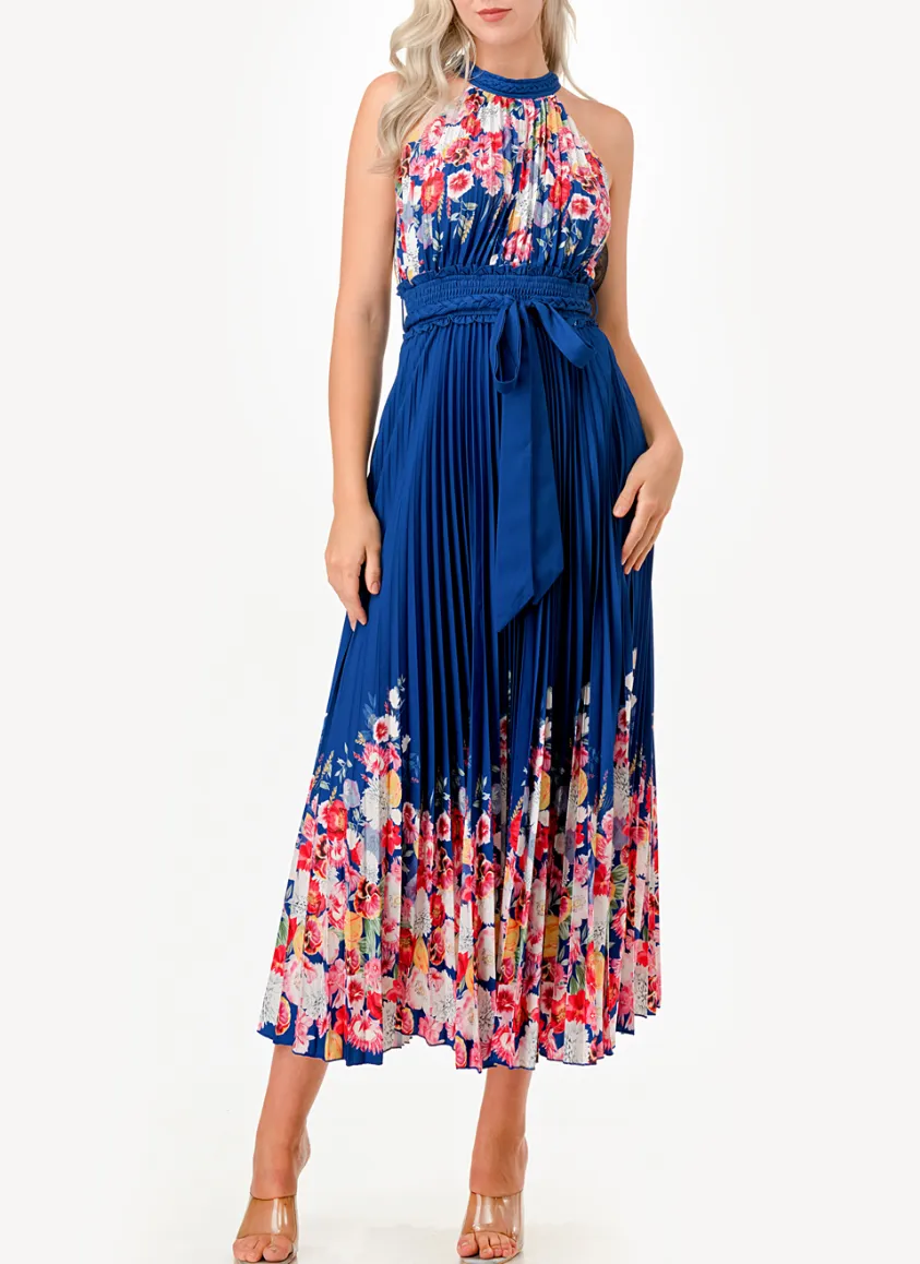 Halter Floral Print Detail Pleated Midi Dress