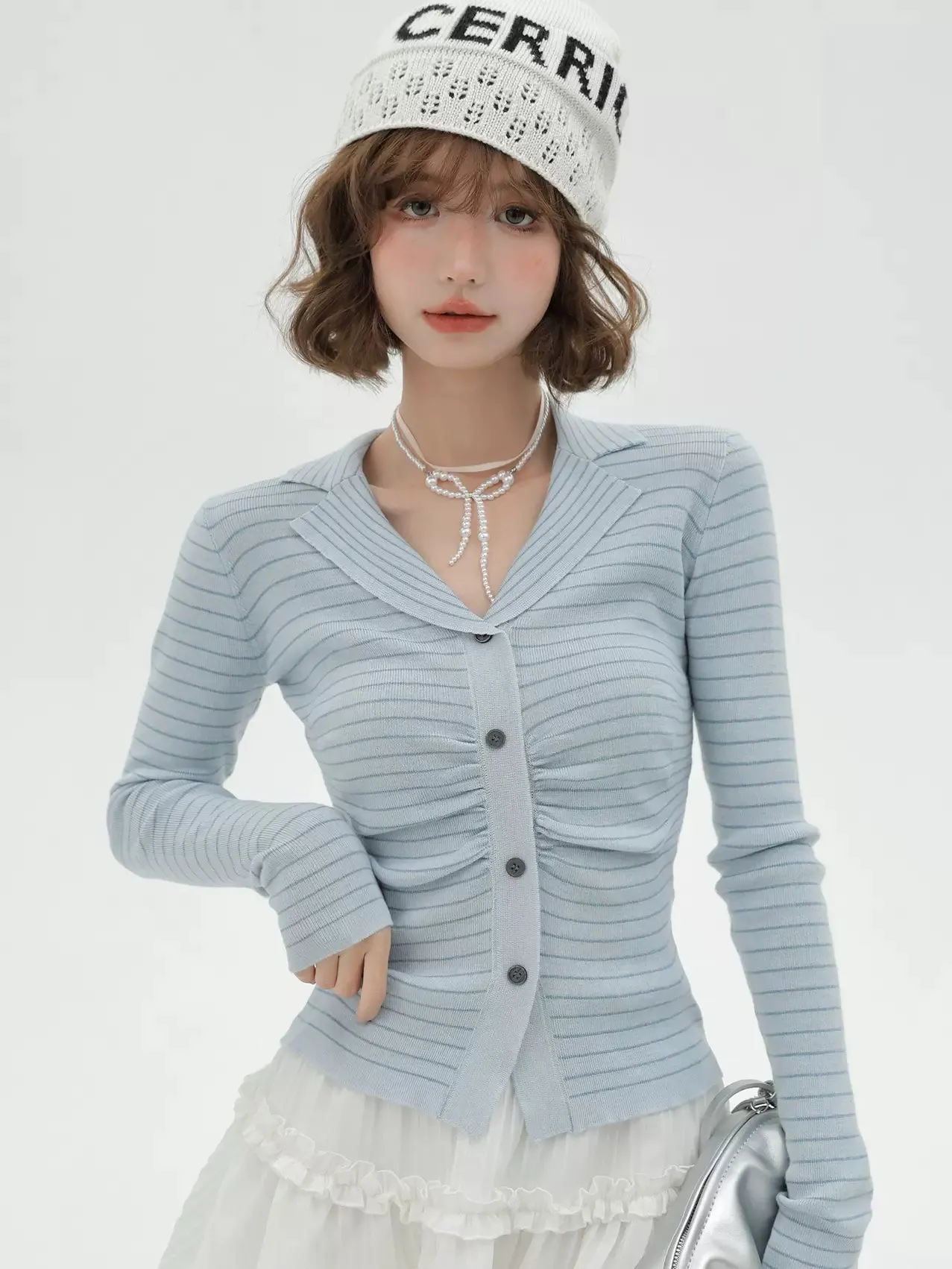 Knit Collar Light Stripe Top Blue Suit