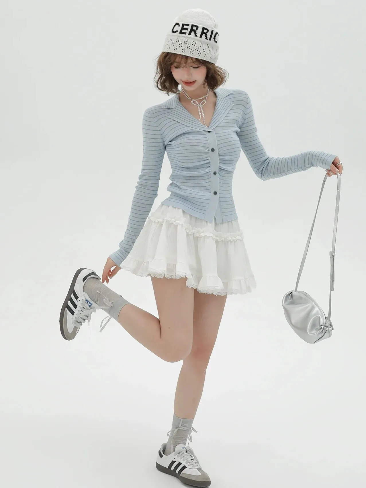 Knit Collar Light Stripe Top Blue Suit