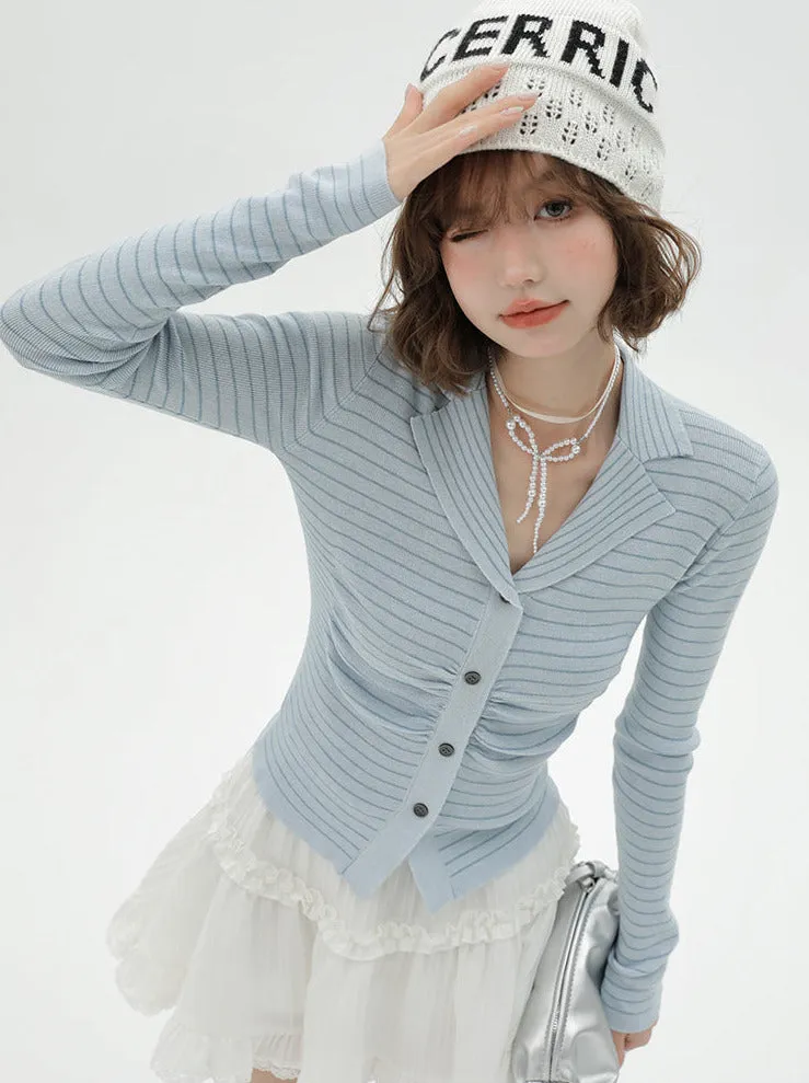 Knit Collar Light Stripe Top Blue Suit