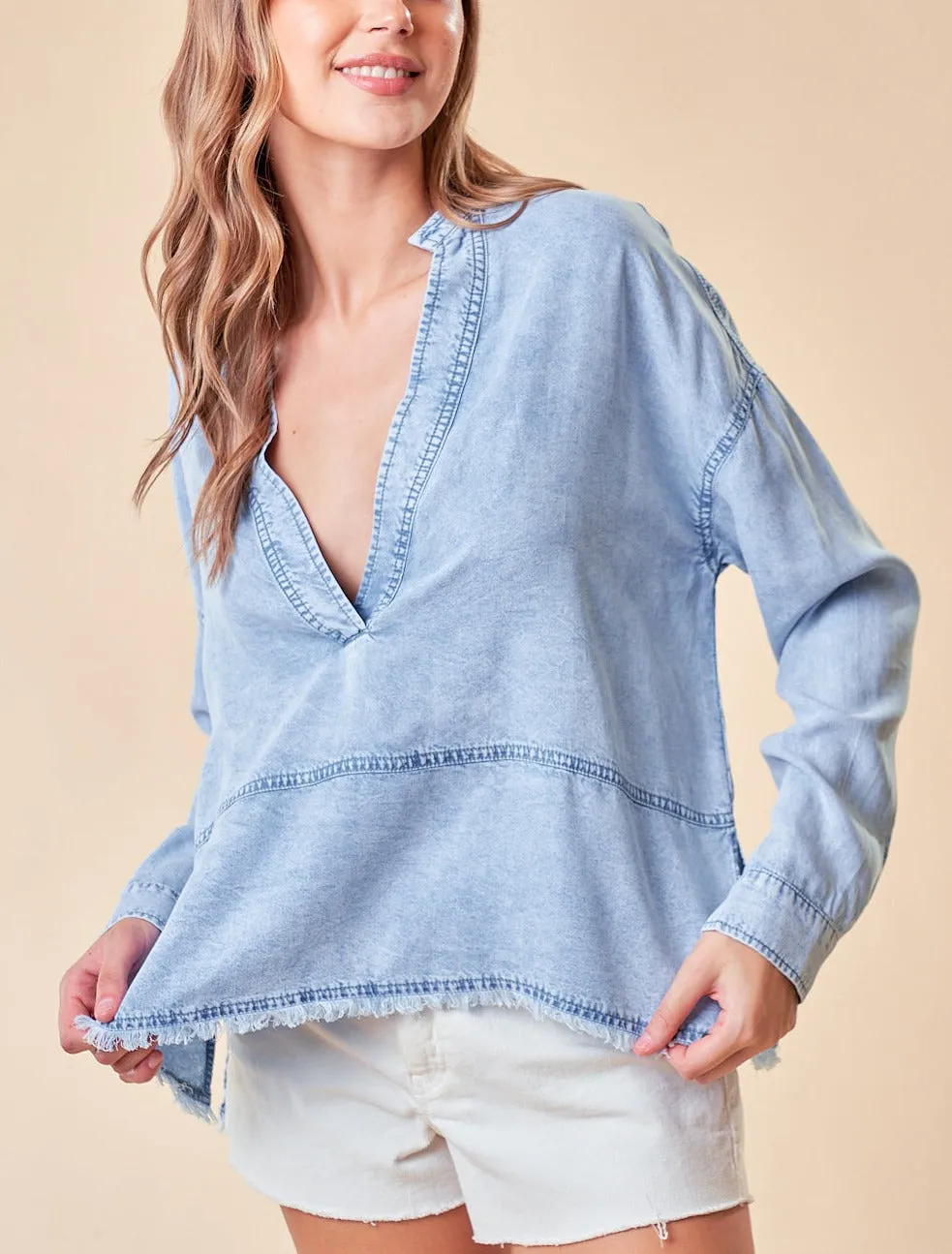 Long Sleeve Soft V-Neck Denim Top