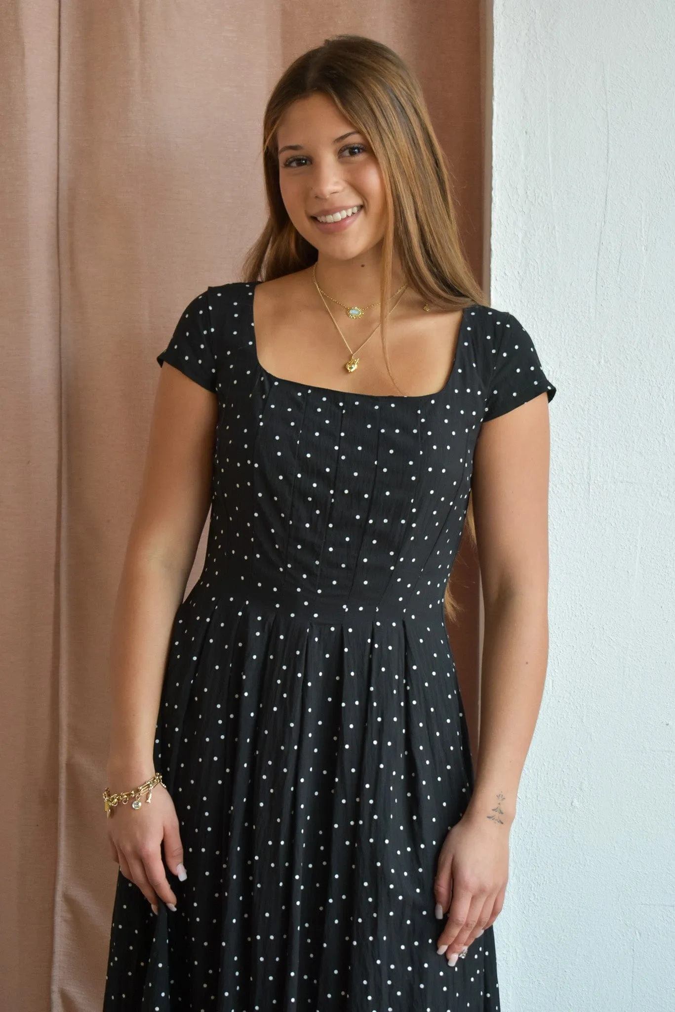 Penni Polka Dot Pleated Midi Dress