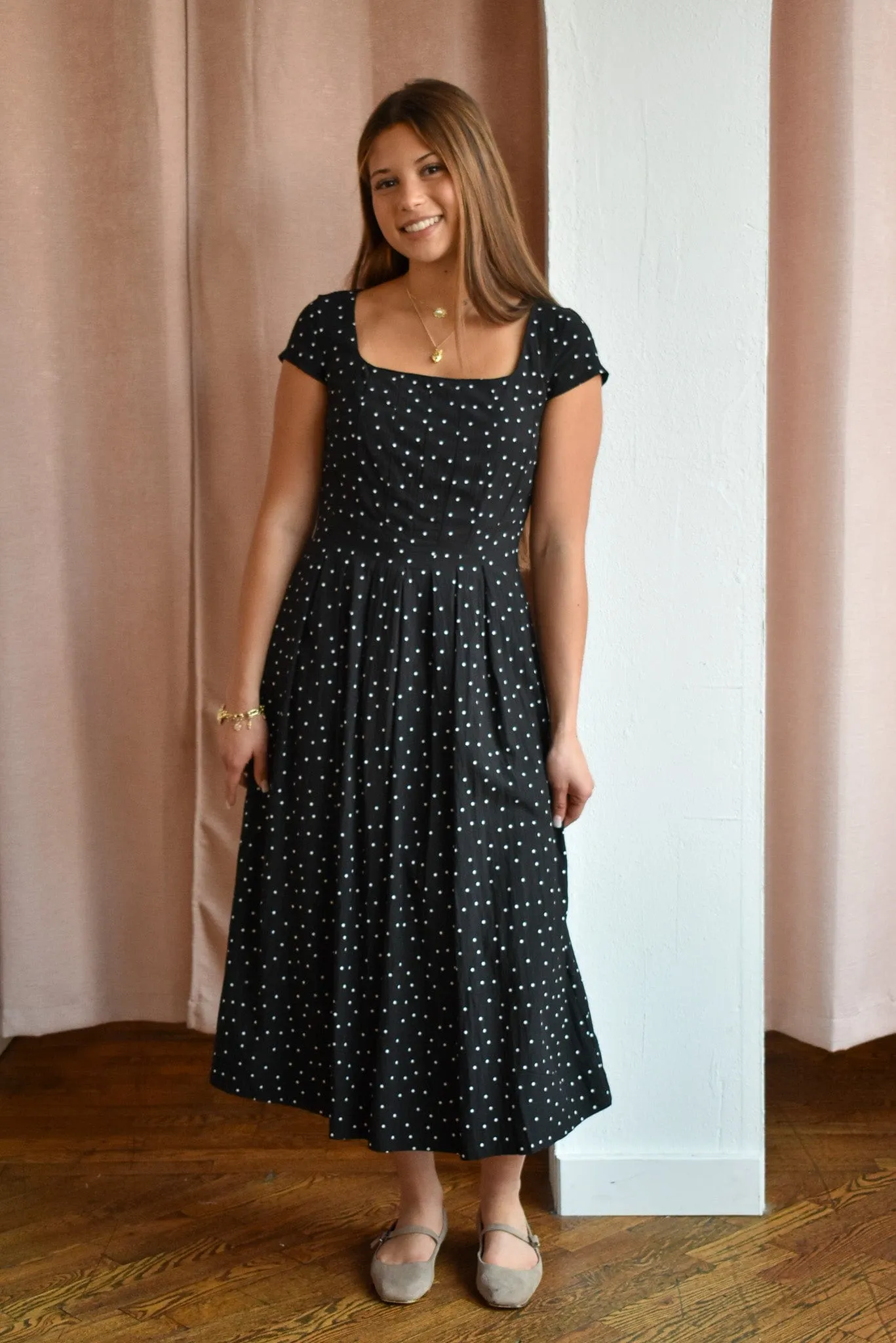 Penni Polka Dot Pleated Midi Dress