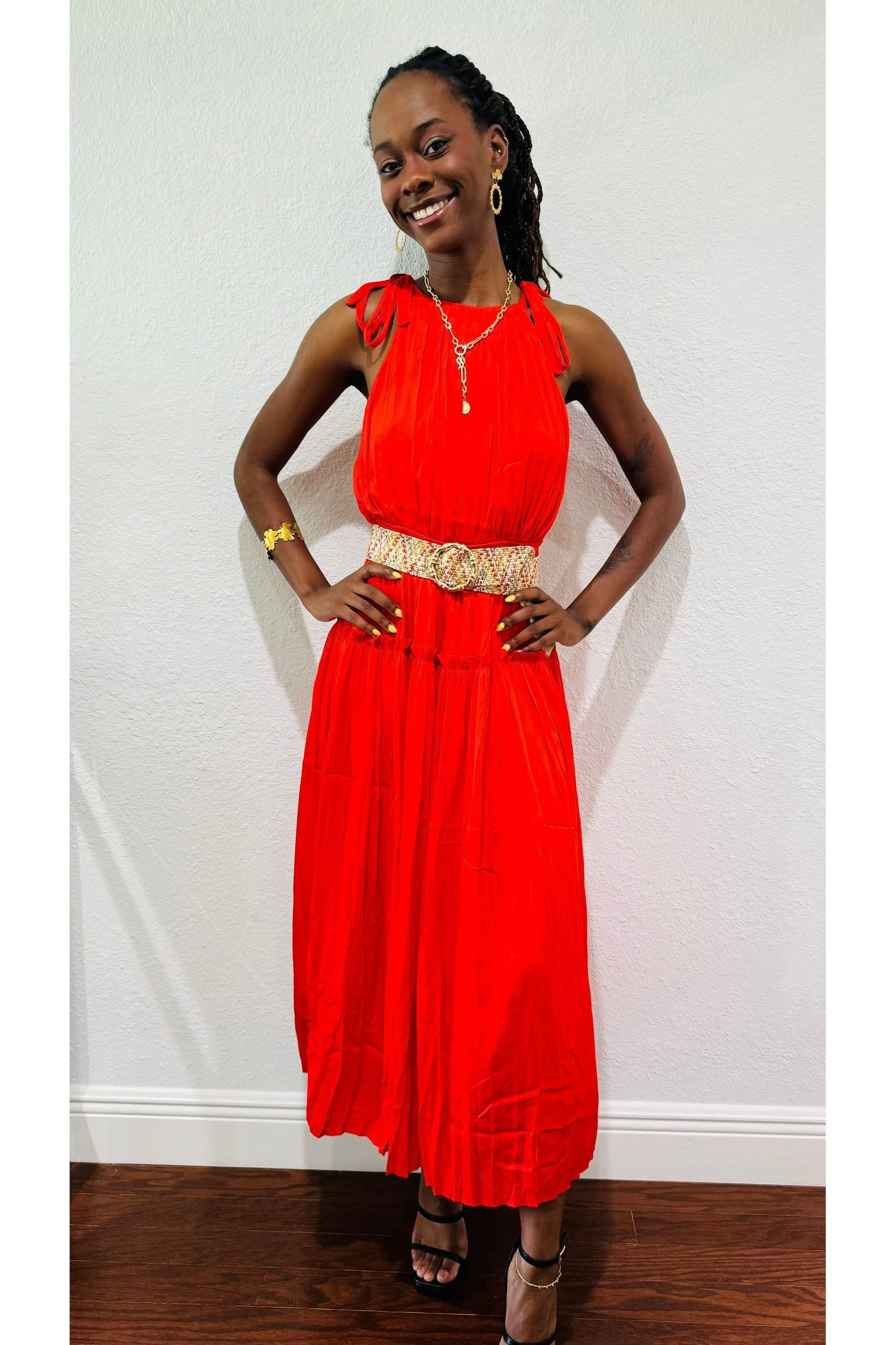 Pleated Halter Midi Dress