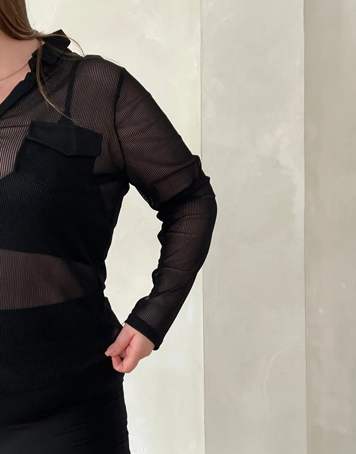 Plus Size Sheer Ribbed Button Up Shirt