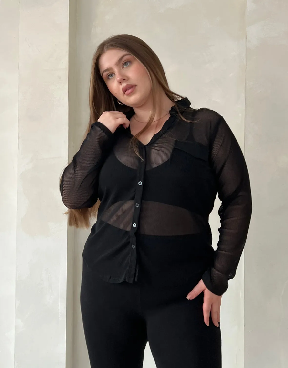 Plus Size Sheer Ribbed Button Up Shirt