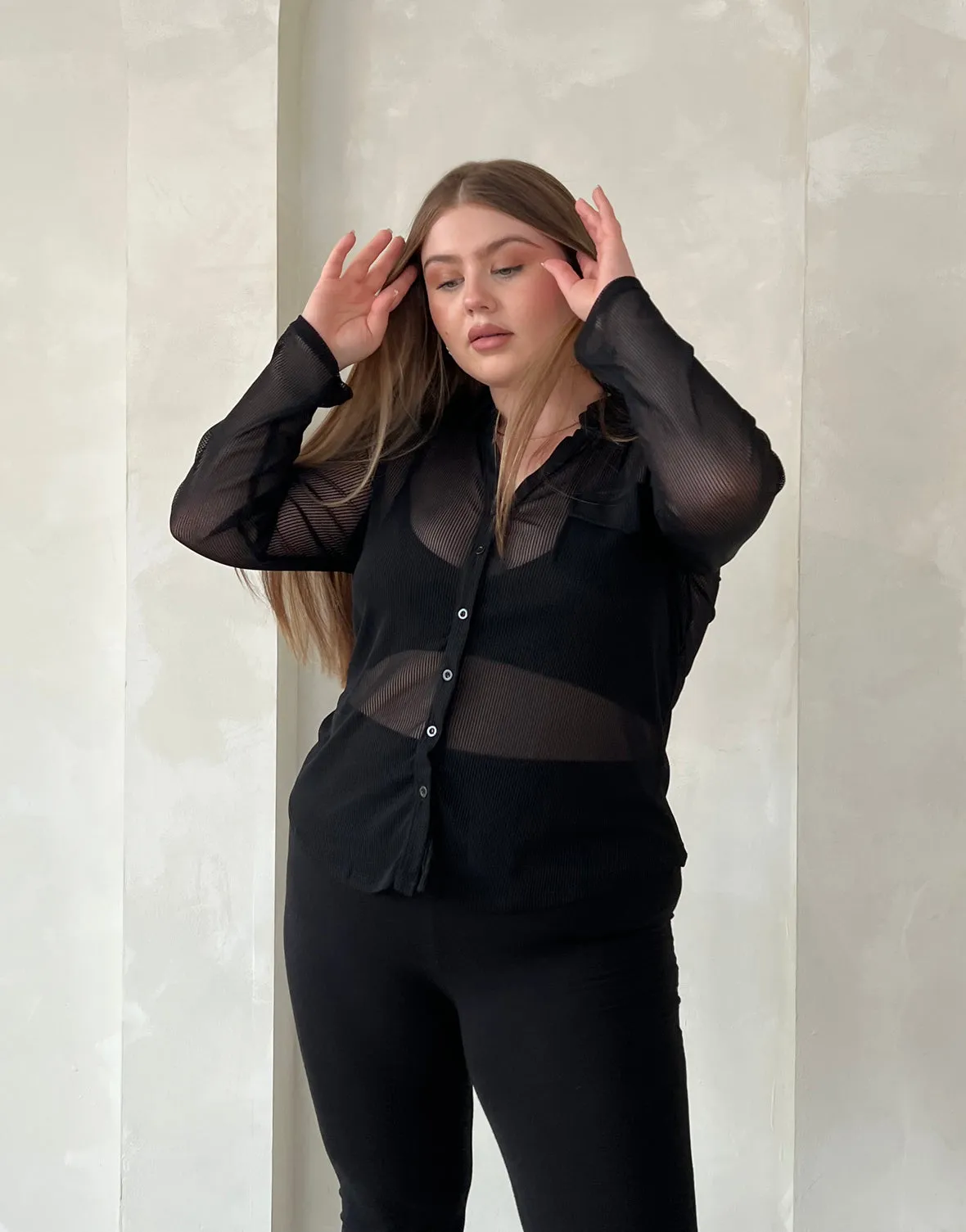 Plus Size Sheer Ribbed Button Up Shirt