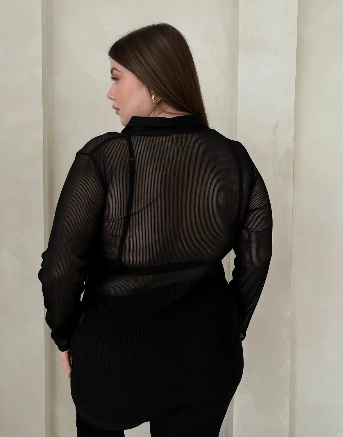 Plus Size Sheer Ribbed Button Up Shirt