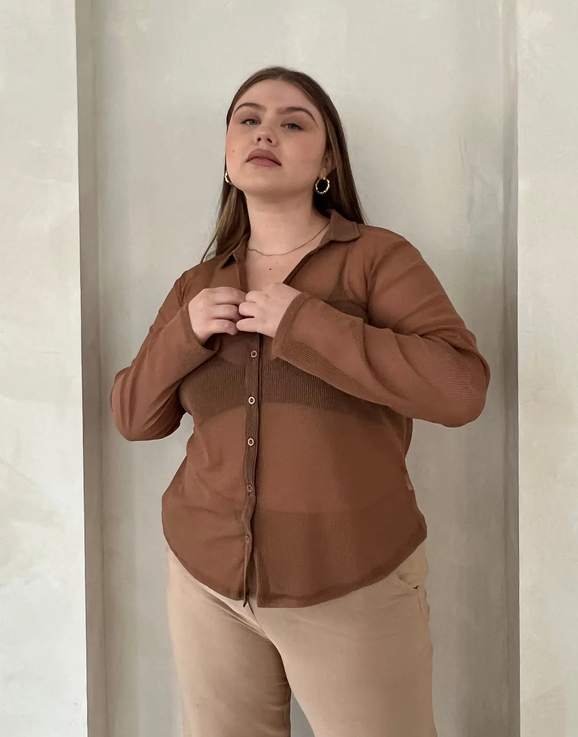 Plus Size Sheer Ribbed Button Up Shirt