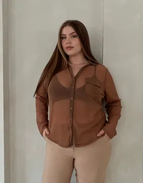 Plus Size Sheer Ribbed Button Up Shirt