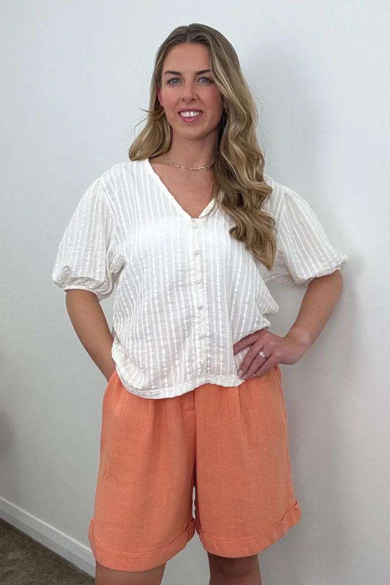 Supermarket Label Textured Button Front Top in Cream