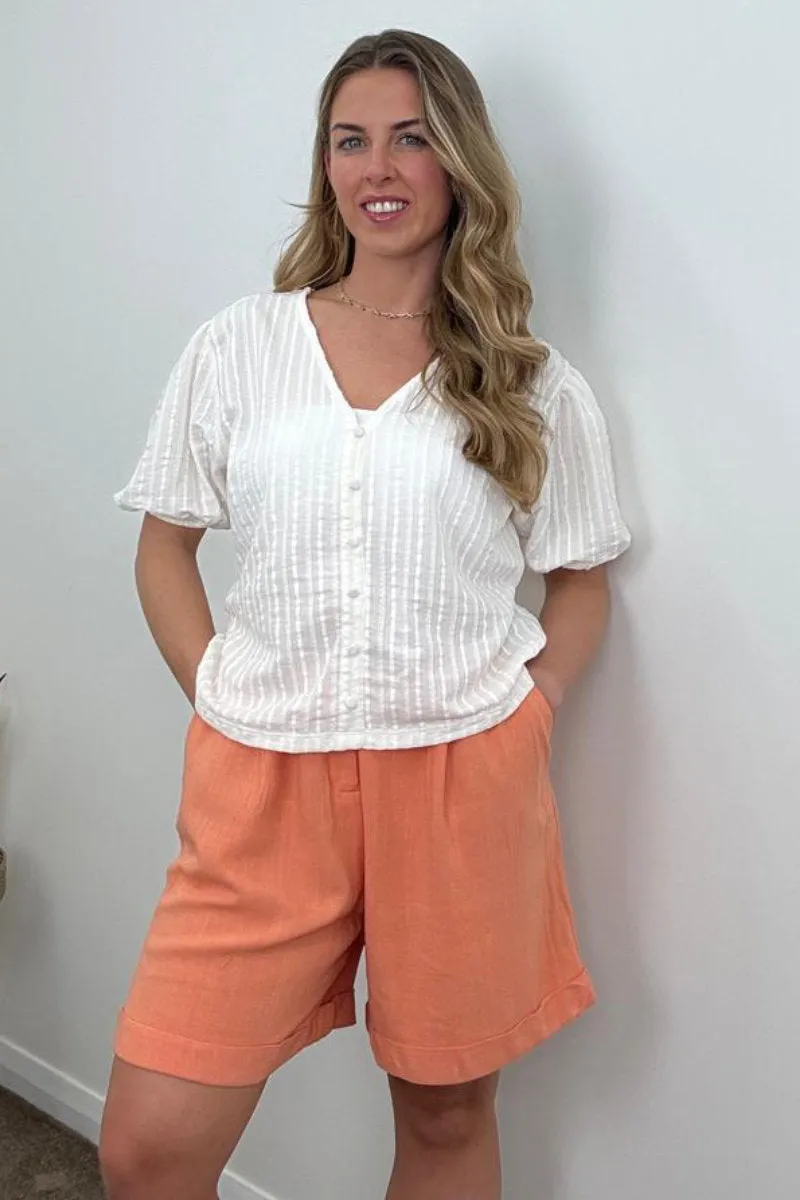 Supermarket Label Textured Button Front Top in Cream