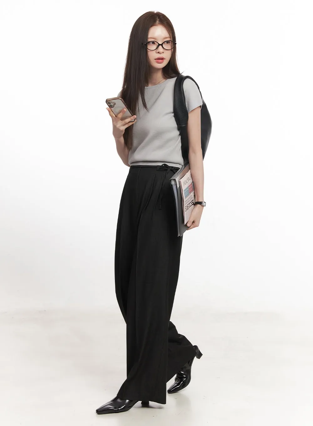 Wide-Leg Slacks with Ribbon Detail CA502