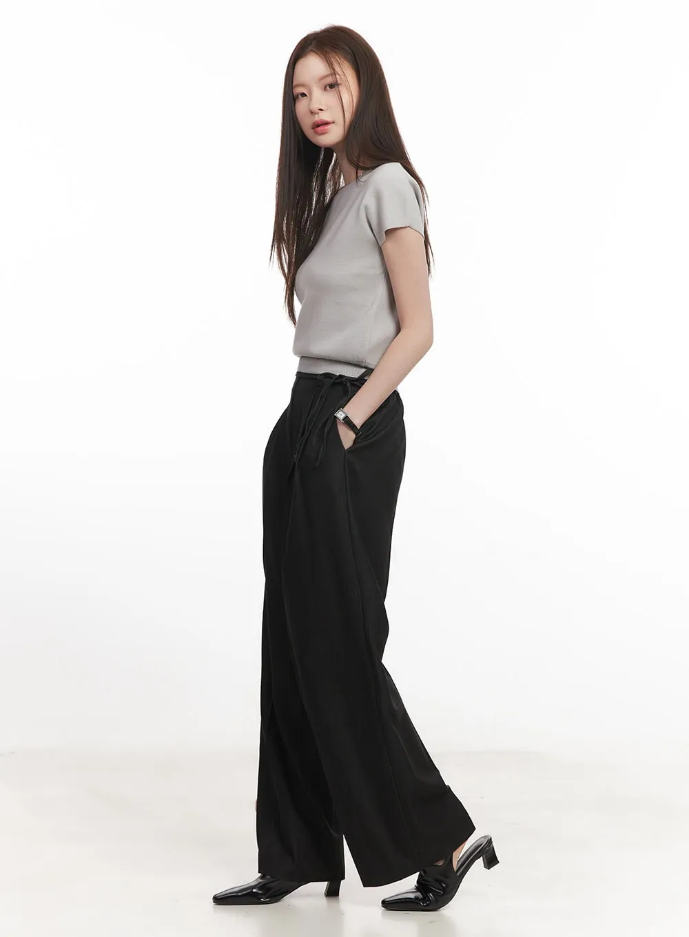 Wide-Leg Slacks with Ribbon Detail CA502